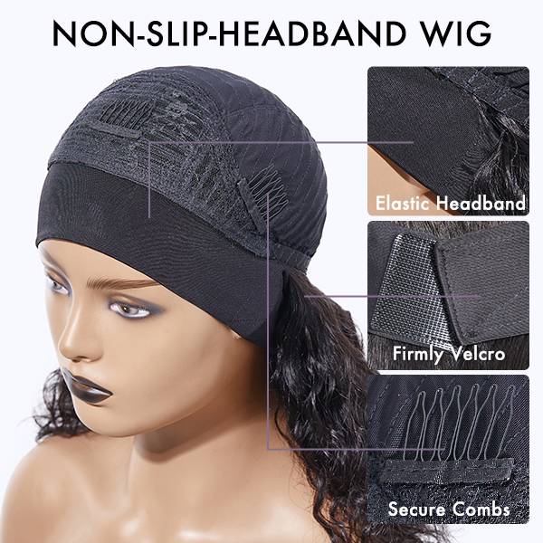 Luvme Throw On & Go headband wig made of 100% human hair with trendy headbands, styled for easy wear and versatile looks.