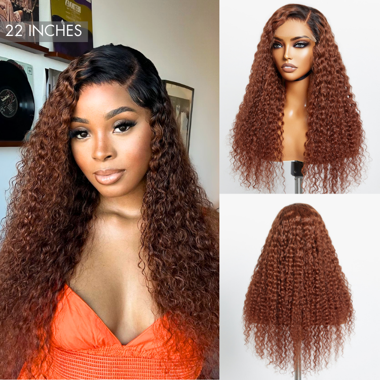 Luvme 5x5 closure lace wig with reddish brown ombre water wave texture, pre-bleached knots, glueless fit, US only