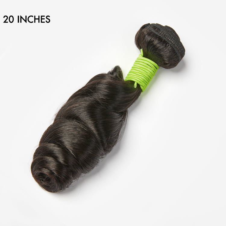 Luvme 100% human hair bundle in various textures, showcasing soft, shiny hair strands for versatile styling options.