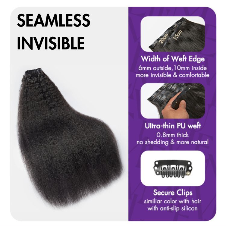 Luvme Hair kinky straight clip-in human hair extensions with 9-piece set, seamless and natural-looking, includes free gift.