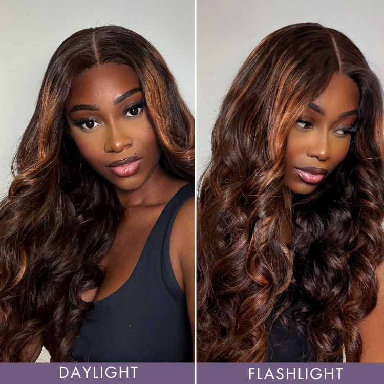 Luvme Hair copper ombre 5x5 closure wig with loose body wave style, breathable cap, and 180% density for a natural look.