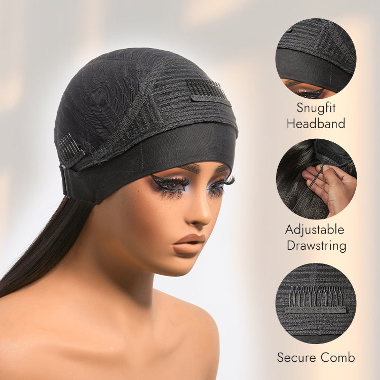 Luvme Too Easy Texture™ kinky straight wig with 180% density, flexi-fit drawstring headband, glueless design, styled on a model.