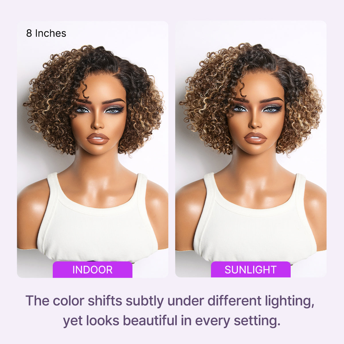 Blonde highlight kinky curly short lace wig by Luvme Hair with pre-cut, glueless HD lace, minimalistic style, and natural texture.