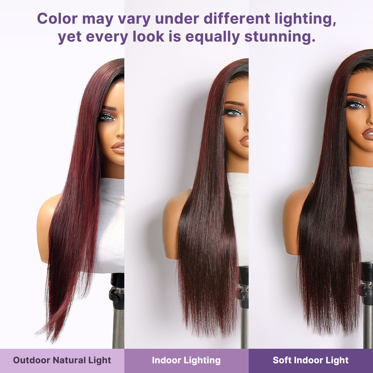 Luvme All-Day Comfort Wig in rich dark plum, bone straight with baby hair, glueless 7x6 HD lace closure, pre-cut lace.