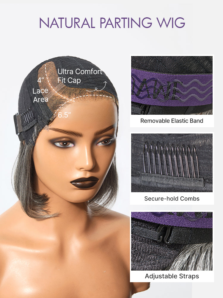 Boss Vibe salt and pepper layered bob glueless minimalist lace wig by Luvme Hair, showing grey layered bob hairstyle with HD lace.