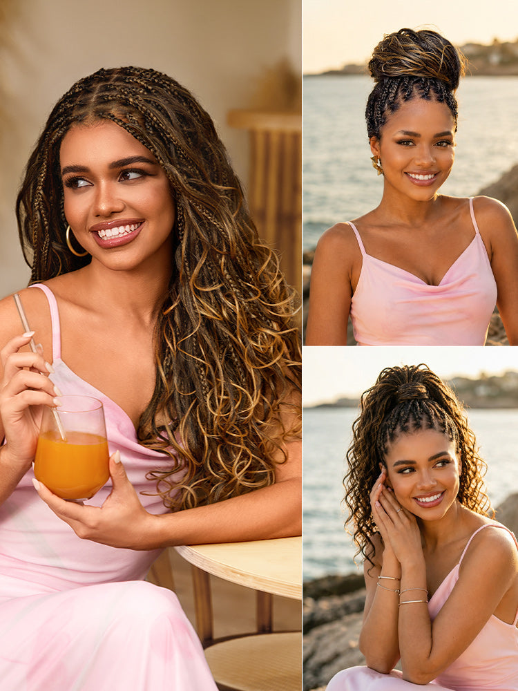 Luvme Hair OwnScalp™ French Curl Knotless Boho Braids HD lace wig with long curls and flexible drawstring cap, natural-looking fit