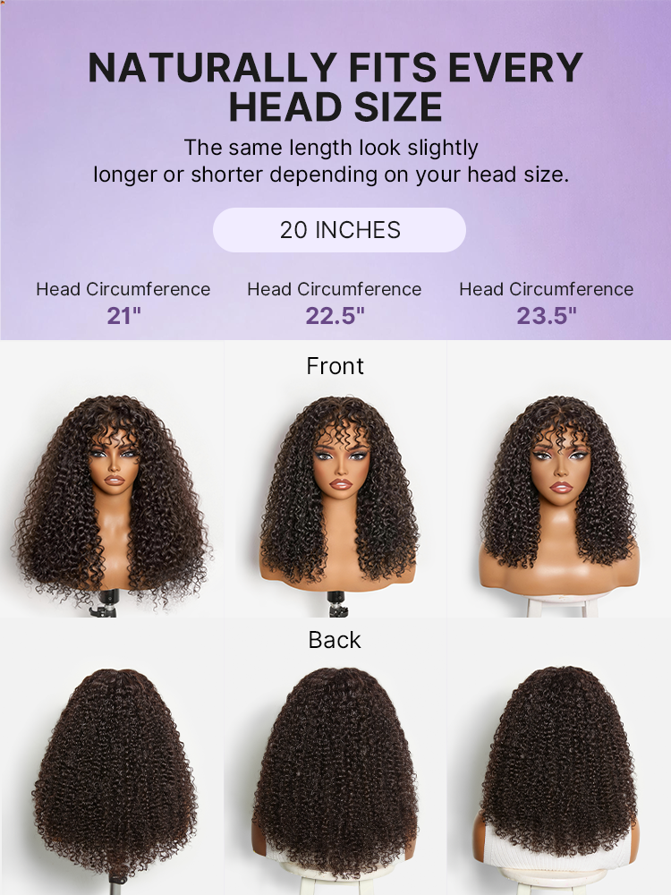 Luvme Hair kinky curly glueless 5x5 lace wig with bangs, 200% density, pre-cut lace, suitable for all head sizes.