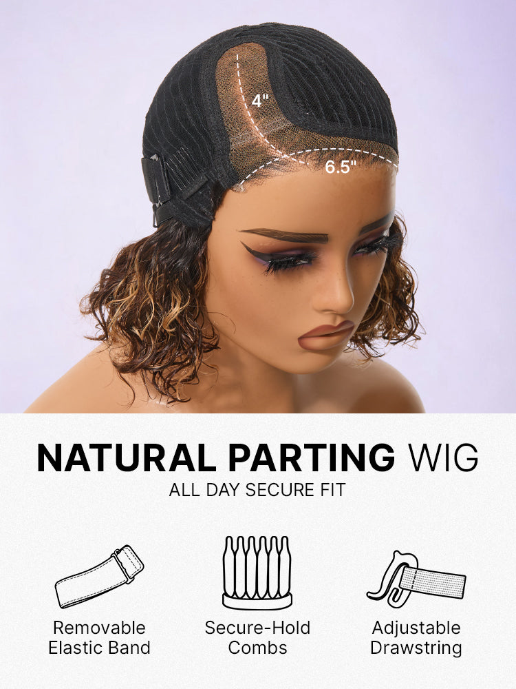 Ready to Go Blonde Highlight / Natural Black / Ombre Brown Water Wave Short Curly Bob Wig Glueless Minimalist HD Lace Wig Pre-Cut Lace-89