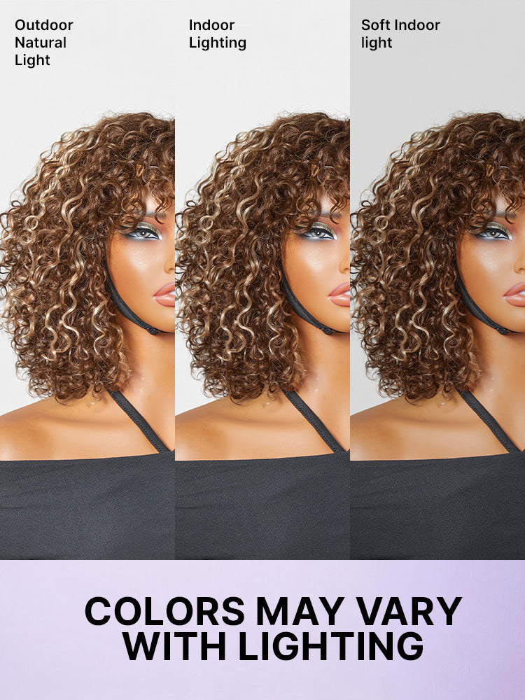 Luvme beginner-friendly water wave minimalist lace wig with short curly hair, bangs, and a natural, glueless design