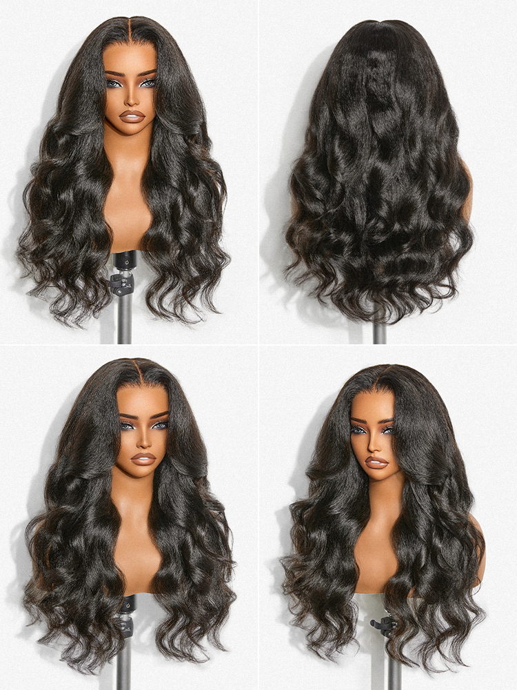 180% Density Light Kinky Straight Butterfly Cut Layered / Kinky Body Wave Glueless 7x6 Closure HD Lace Wig Pre-Cut Lace-20