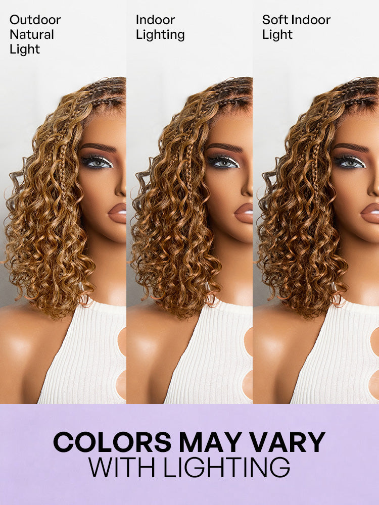 Readitress™ Ombre Brown Highlight Boho Braids Deep Curly Glueless 5x5 Closure Lace with Braided Top Human Hair Wig Pre-Cut Lace-34