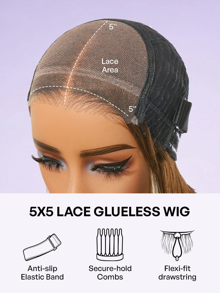 Ash Blonde Highlight Glueless 5x5 HD Closure Lace Bob Wig Pre-Cut Lace Flexi-Fit Drawstring Cap-32