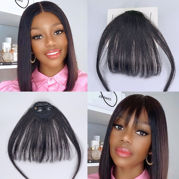 Luvme 100% real human hair clip-in bangs extension with natural-looking style, featuring lightweight, easy-to-clip human hair extensions.