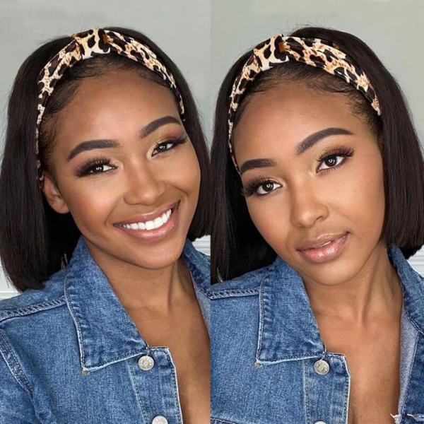 Luvme Throw On & Go headband wig with 100% human hair, styled with a trendy headband and two free accessories.