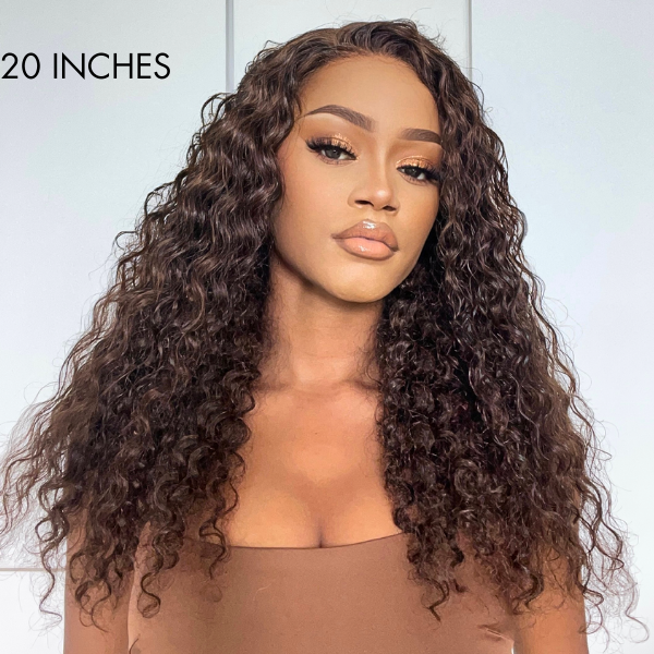 Luvme Hair brown water wave 5x5 closure lace wig with glueless design, long human hair, mid part, natural texture.