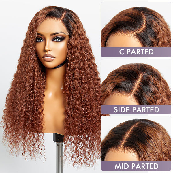 Luvme 5x5 closure lace wig with reddish brown ombre water wave pattern, pre-bleached, glueless design, natural hairline visible.