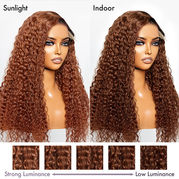Luvme reddish brown ombre water wave 5x5 closure lace wig with pre-bleached knots, glueless style, natural flowing hair.