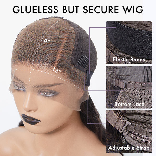 Luvme glueless 13x6 frontal lace wig with natural black body wave long hair, side part, 100% human hair, side view.
