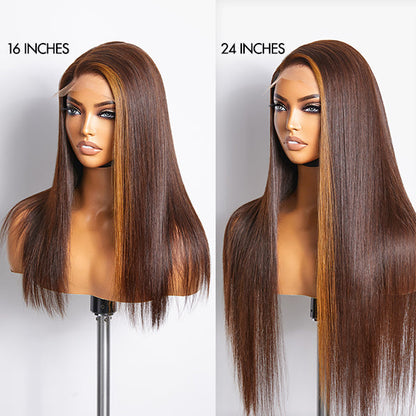 Honey blonde highlight silky straight 5x5 closure lace wig by Luvme, made from 100% human hair, showcasing the lace closure detail.