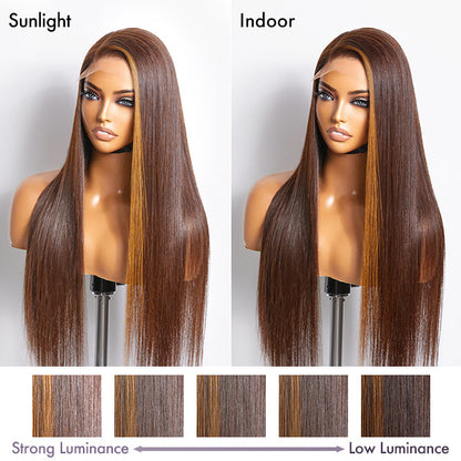 Honey blonde highlight silky straight 5x5 lace closure wig by Luvme, made with 100% human hair, showing the lace closure and hair texture.