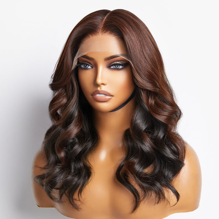 Luvme Peekaboo Bronze Brown 5x5 closure wig with loose body wave texture, HD lace, glueless fit, available in large and small cap sizes.