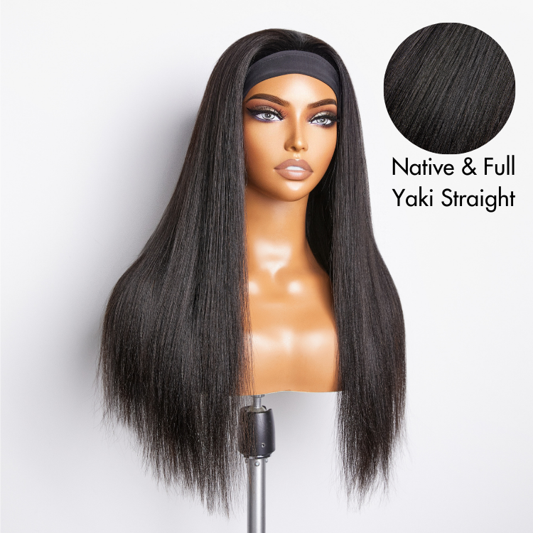 Luvme Ready to Go Classic Yaki Straight glueless headband wig for beginners, with natural black hair and comfortable headband style.