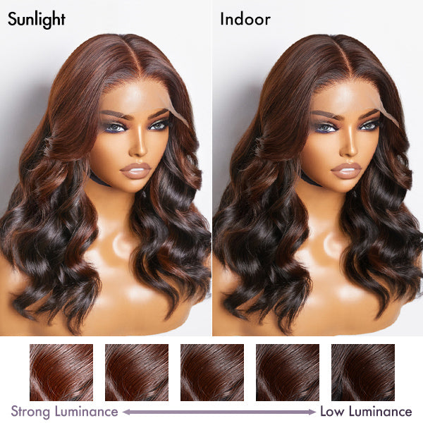 Luvme Peekaboo bronze brown 5x5 closure wig with loose body wave, HD lace, glueless fit, large and small cap sizes.