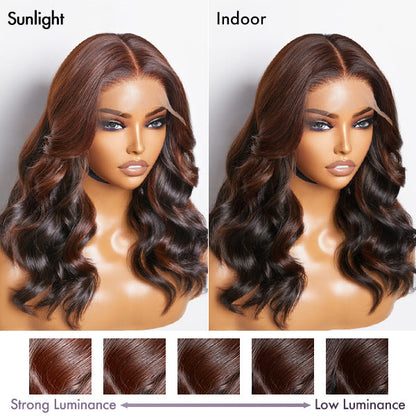Luvme Peekaboo bronze brown 5x5 closure wig with loose body wave, HD lace, glueless fit, large and small cap sizes.