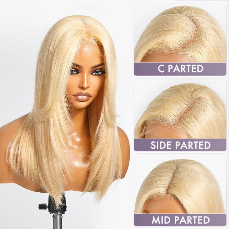 Blonde layered curtain bang 5x5 closure wig with HD lace, glueless design, from the NEW 613 blonde wig collection.