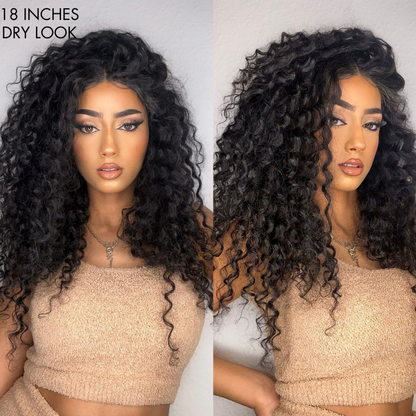 Luvme deep wave 4x4 lace closure wig with long curly 100% human hair, glueless design, mid-part style.