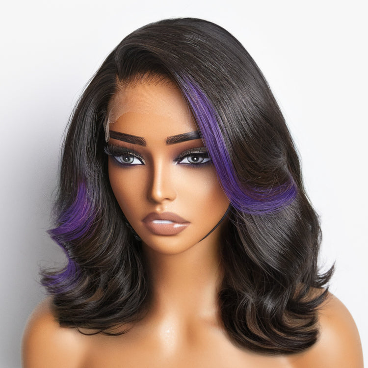 Purple highlights loose wave 5x5 closure wig with HD lace, by Luvme Hair, featuring a natural wave pattern and adjustable cap sizes.