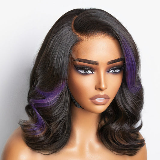 Luvme Hair purple highlights loose wave 5x5 closure wig with HD lace, styled on a large and small cap size.