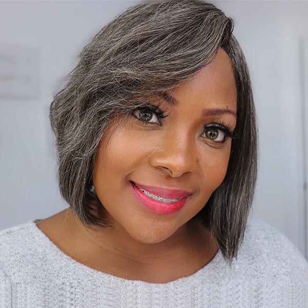 Luvme Throw On & Go salt and pepper glueless bob wig with bangs, beginner-friendly short synthetic hair style.