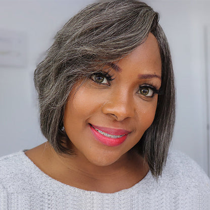 Luvme Throw On & Go salt and pepper glueless bob wig with bangs, beginner-friendly short synthetic hair style.