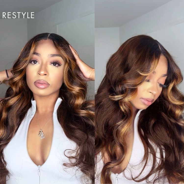 Luvme blonde highlight loose wave 5x5 closure wig with HD lace and curtain bangs, showcasing the natural waves and lace details.