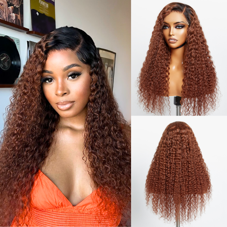 Luvme reddish brown ombre water wave 5x5 closure lace wig with pre-bleached knots, glueless design, natural hairline and parting.