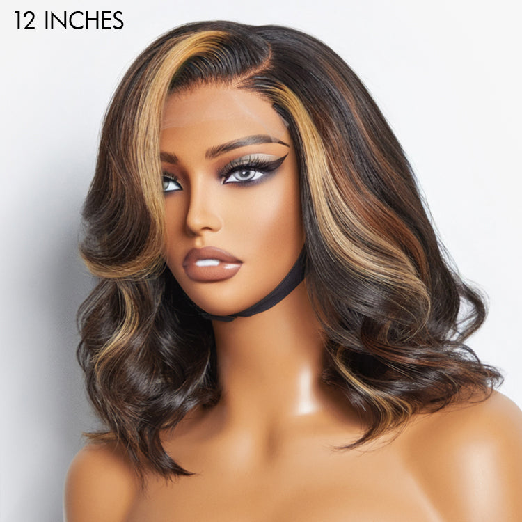 Luvme Hair brown blonde loose wave 5x5 closure wig with HD lace, glueless, natural-looking highlights and soft, flowing hair.