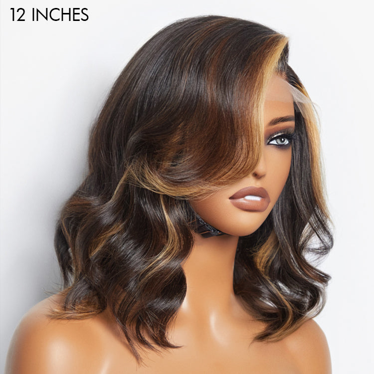 Luvme Hair brown blonde combo highlight loose wave 5x5 closure HD lace wig on a mannequin head.