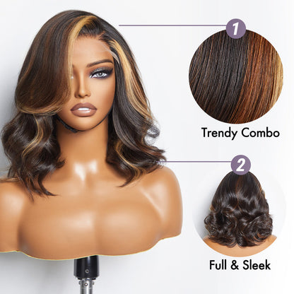 Brown blonde combo highlight 5x5 closure wig with loose waves and HD lace, natural-looking glueless installation by Luvme Hair
