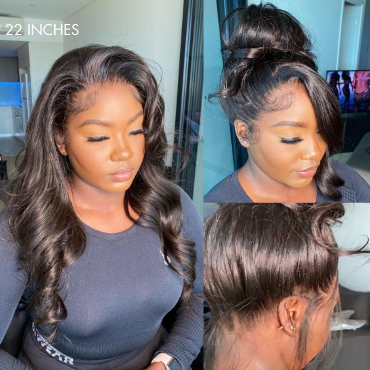 Luvme full lace wig with natural black body wave style, half up half down, pre-cut lace and invisible drawstring cap.