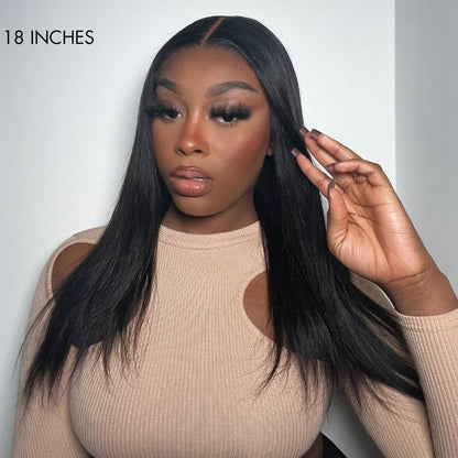 Luvme 5x5 closure wig with 180% density, silky straight, HD lace, long style, available in large and small cap sizes.