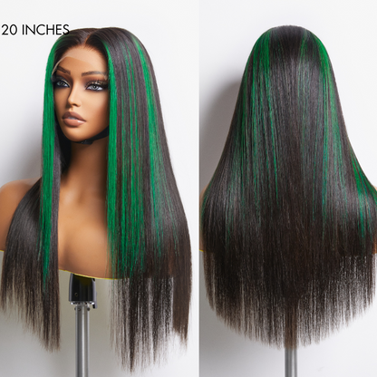 Luvme Hair green highlight silky straight 5x5 closure lace wig with glueless design, available in large and small cap sizes.