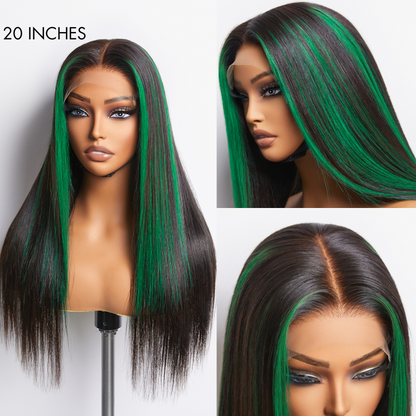 Green highlight silky straight 5x5 closure lace wig by Luvme Hair, featuring glueless design and available in large and small cap sizes.