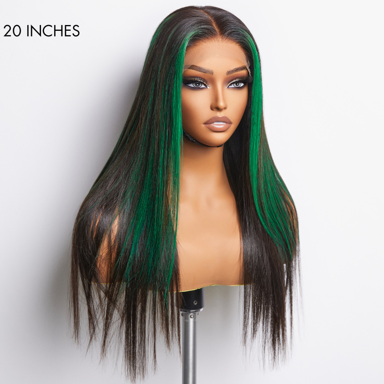 Green highlight silky straight 5x5 closure lace wig by Luvme Hair, with large and small cap options, showcasing the wig's texture and style.