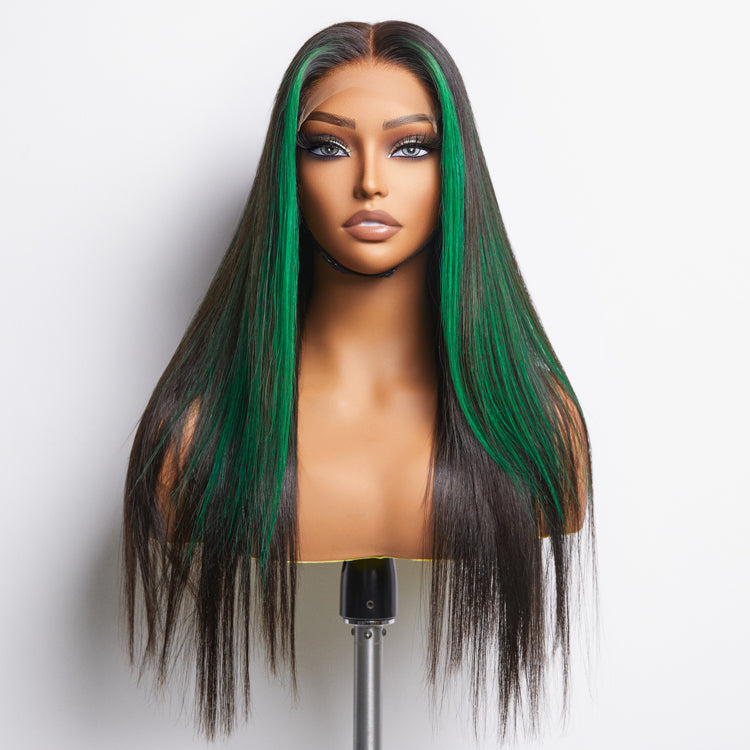 Luvme Hair green highlight silky straight 5x5 closure lace wig with glueless cap in large and small sizes