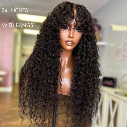Luvme deep wave 4x4 closure lace glueless curly wig with long, natural-looking human hair and middle part style.