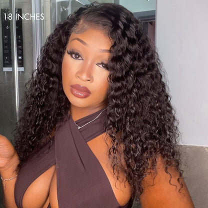 Luvme 13x4 deep wave glueless frontal lace wig with 180% density, showing the natural deep wave hairstyle and lace front detail.