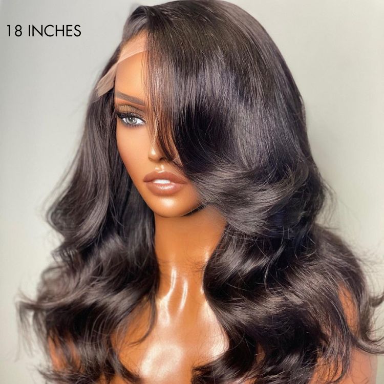 Luvme 13x6 frontal lace wig with natural black body wave hair, side part, long length, 100% human hair for versatile styling.
