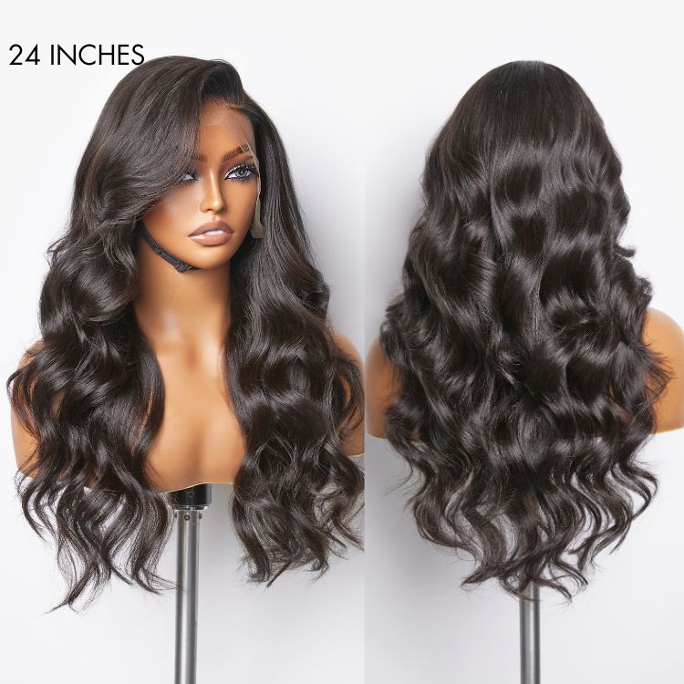 Luvme 13x6 frontal lace wig with natural black body wave long hair and side part, made from 100% human hair.