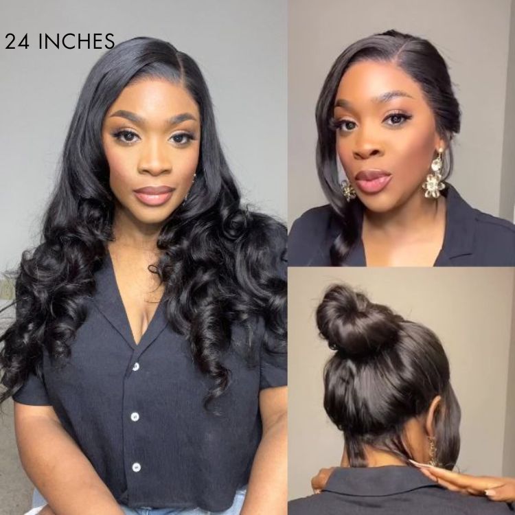 Luvme glueless 13x6 frontal lace wig with natural black body wave hair, side part, long human hair style.